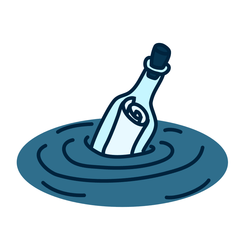 Doodle bleu d'une bouteille à la mer pour un jeu de 7 familles maritime, un jeu de cartes marin et jeu maritime d'aventure.
