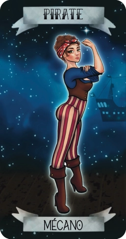 Illustration d'une femme pirate mécanicienne pour un jeu de 7 familles sur les métiers de la mer, un jeu éducatif féministe et inclusif.