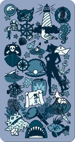 Dos de carte illustré pour un jeu de 7 familles sur les métiers de la mer, un jeu de cartes marin et jeu maritime complet avec symboles de navigation