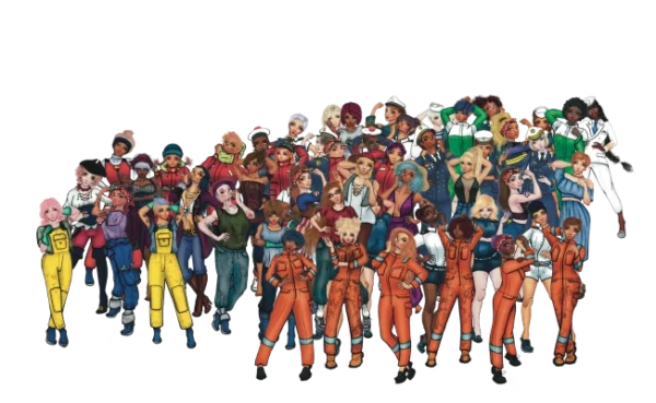 Illustration du collectif féminin Mademoiselle Pirate : un groupe diversifié de femmes en tenues maritimes et uniformes, célébrant la sororité et l'égalité.
