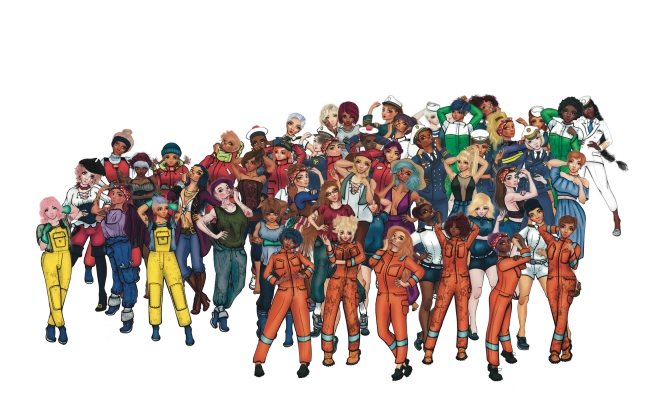 Illustration du collectif féminin Mademoiselle Pirate : un groupe diversifié de femmes en tenues maritimes et uniformes, célébrant la sororité et l'égalité.