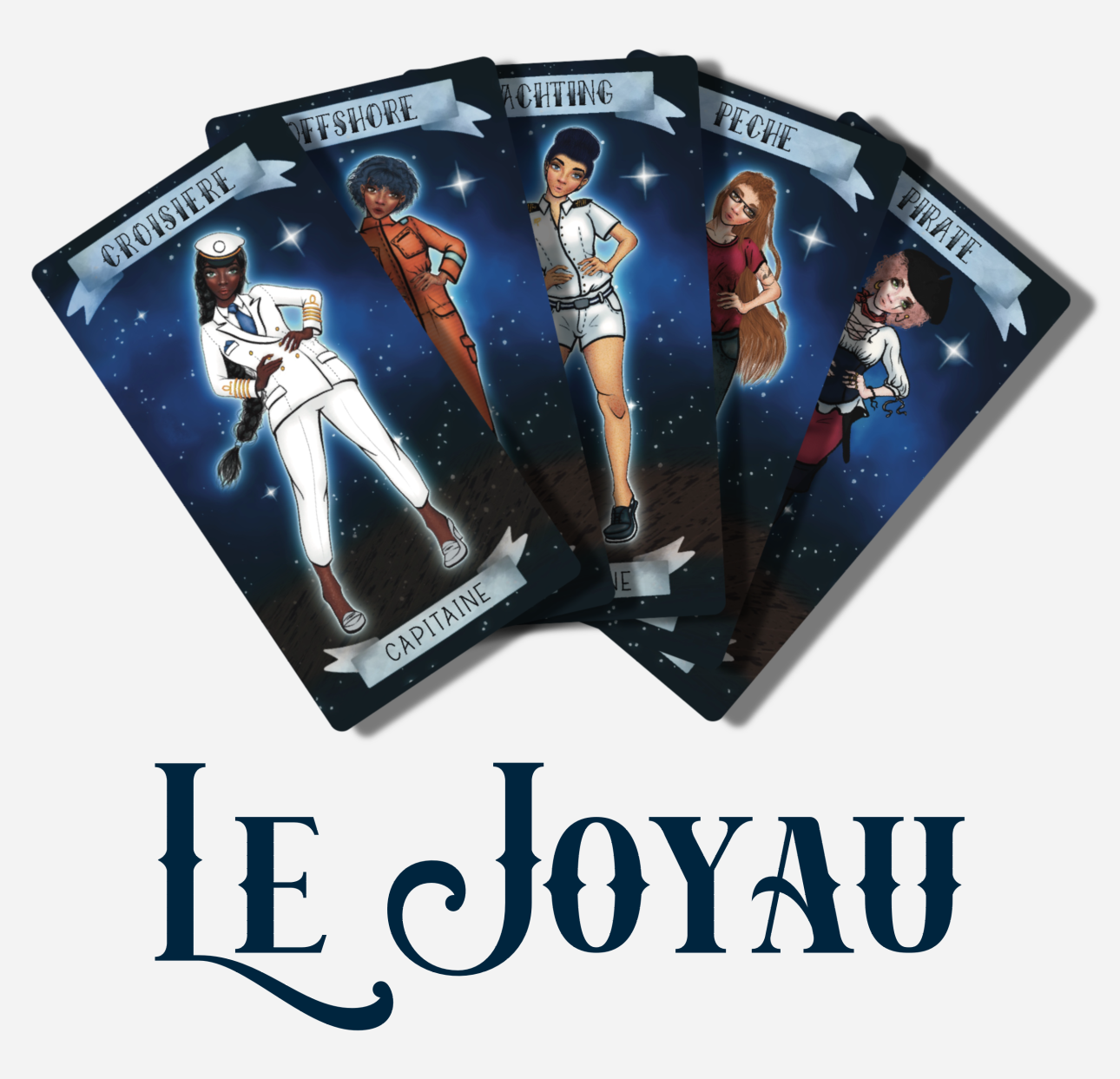 Le Joyau étale en éventail 5 cartes de femmes marins de son jeu